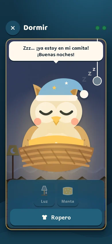 Pantalla de la app: Ito dormido en su camita dice «¡Buenas noches!»